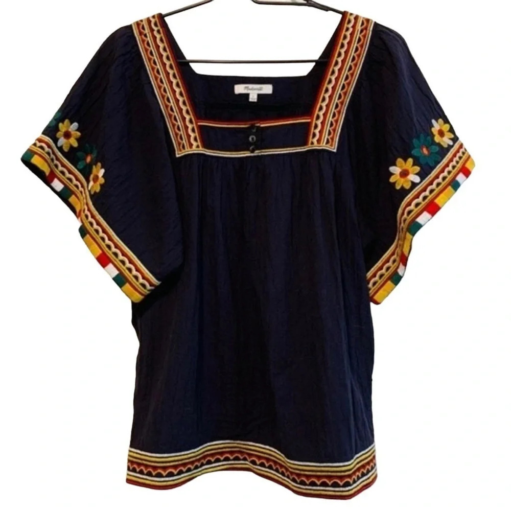 Madewell Size Small‎ Navy Blue Embroidered Sandblossom Top Floral Boho Square